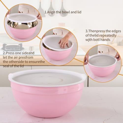 Pink Mixing Bowls with Airtight Lids, Stainless Steel Nesting Mixing Bowls Set of 7, Ideal for Baking, Prepping and Serving Food, Size 7, 3.6, 2.7, 2.1, 1.5, 1.1,0.8 QT, Stackable Design - color: Pink, size: 7 Pieces