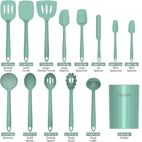 Coukre Silicone Kitchen Cooking Utensils Set, Heat Resistant, 14-Piece - color: PureAquaGreen