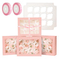 qiqee Auto-pop Up Cupcake Boxes with Window Pink 40PCS 12 Count Cupcake Box 13"x10"x3.5" Cupcakes Carrier, 12 Cupcake Containers with 2 rolls of pink ribbons - color: Pink, size: 12 Holder/40 Packs
