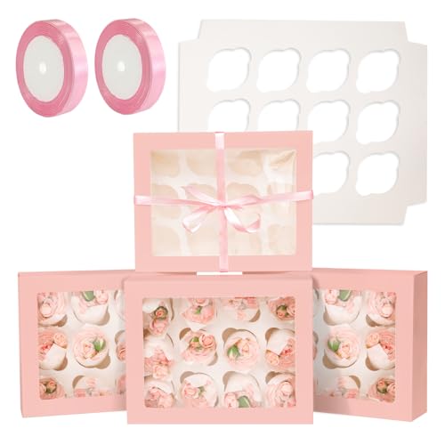 qiqee Auto-pop Up Cupcake Boxes with Window Pink 40PCS 12 Count Cupcake Box 13"x10"x3.5" Cupcakes Carrier, 12 Cupcake Containers with 2 rolls of pink ribbons - color: Pink, size: 12 Holder/40 Packs