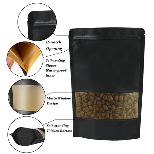 100 PCS Resealable Bags, Stand Up Kraft Paper Bags with Matte Window, Zipper Lock Food Storage Bags for Small Business and Home, 7.8x11.8 Inch Reusable Sealable Bags for Packaging - Black - color: Black,7.87*11.81 inches