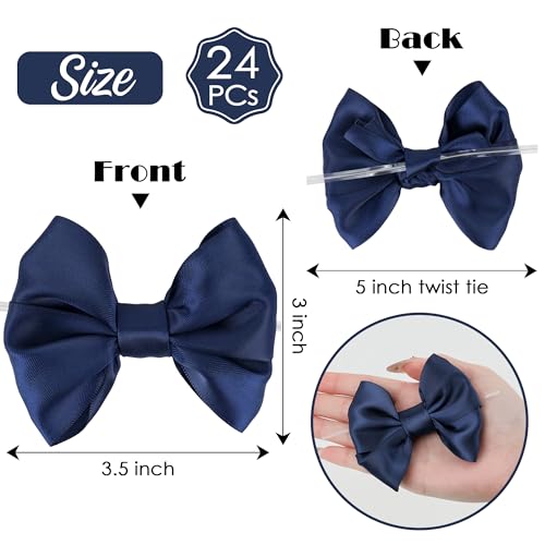 AIMUDI Navy Satin Ribbon Twist Tie Bows for Treat Bags 3.5" Navy Blue Bows for Crafts Small Bows for Gift Wrapping Premade Bows for Cake Pop Candy Apples Gift Bags Wedding Baby Shower -24 Counts - color: Navy Blue