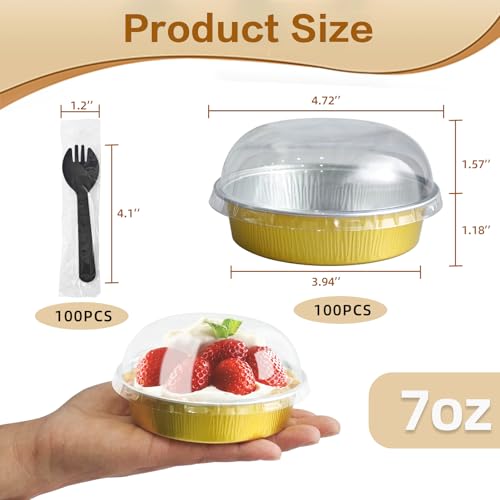 Mini Cake Pans With Lids And Spoons, Baking Tins For Round Small Desserts 7 Oz Aluminum Foil Baking Pans Disposable Ramekins Individual Cake Containers Holders For Tart Quiche Flan (50, Gold) - color: Gold