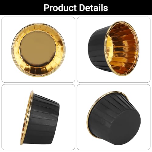 EUSOAR Foil Cupcake Liners, 3.5oz 50pcs Black Gold Disposable Mini Muffin Liners, Individual Aluminum Dessert Pudding Ramekin Cupcake Baking Cups Containers Tin for Wedding Birthday Bakery Party - color: Black/Gold, size: 50pcs