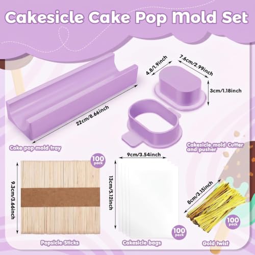 3 Inch Cakesicle Cutter and Cake Pop Mold Set with 8.7in Tray, 100 Wooden Sticks & 100 Bags, Silicone Cakesicle Mold for Homemade Cake Pops, Baking, Birthdays and Party Desserts (Purple) - color: Purple