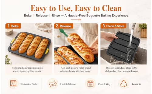2 Pack Food Grade Silicone Baguette Bread Pan, 4‑Cavity Non‑Stick Easy Release French Bread Mold for Homemade Baguettes, Sourdough, Hoagie, Hot Dog Buns, Sandwich, Includes Bread Lame