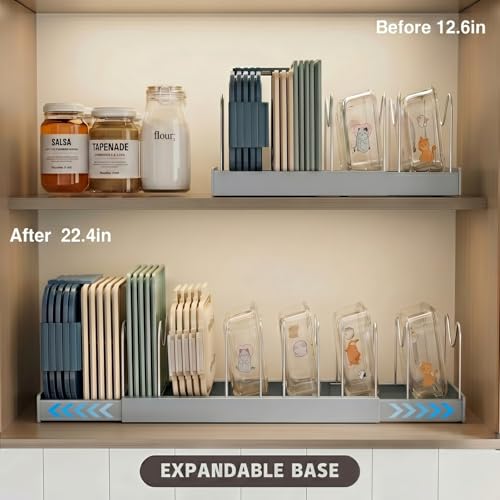 Magheo 2 Pack Expandable Food Storage Container Lid Organizers, 22" Pots and Pans Organizer Under Cabinet with 9 Adjustable Dividers Pot and Pan Lid Holders Rack Inside Cabinet(Gray) - color: Gray, size: (2 Pack)22.4"D x 7.9"W x 6.3"H