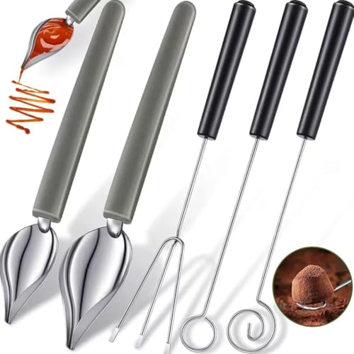 (5pcs/2pcs) Candy Dipping Forks & Spoons Set - Metal Chocolate Dipping Tools with Pencil Spoons for Dessert Plates, Candy Making, Ice Toppings - Culinary Decorating Utensils for Chefs & Bakers(5 Pcs)