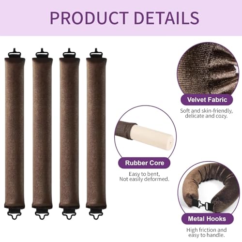 Heatless Curls Overnight Hair Curlers - 4 Pcs No-Heat Curling Rod to Sleep In,Velvet Hair Rollers with Satin Wrap - color: Brown(Pack of 4)
