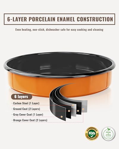 Round Roasting Pan Set, Enamel 10" Cake Baking Pan for Oven Orange - color: Orange - 10 Inch