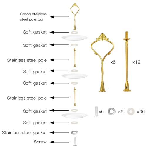 Bringsine 3 Tier Cake Stand Hardware Kit, Set of 6 Gold Tiered Tray Fittings for Wedding, Birthday Party & Dessert Display, DIY Cupcake Stand Handle for Serving Tray, Fruit Plate & Party Platte - color: Gold