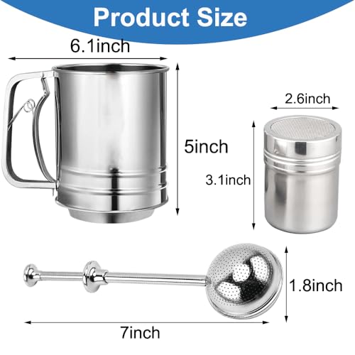 Flour Sifter Stainless Steel 3 Double Layer Fine Mesh Sifter Flour Strainer 3 in1 Sifters for Baking, Powdered Sugar Shaker Duster for Baking Cakes, Pastries, Pies, Cupcakes - size: 3 in1