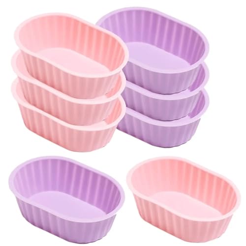 Oval Silicone Baking Cups for Air Fryer and Bento Reusable Cupcake Liners 8-Pack Small Nonstick Muffin Molds Mini Loaf Pans Pink Purple