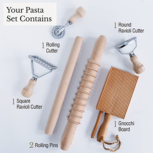 Complete 6 Pcs Pasta Making Tool Set Includes Two Ravioli Stamp Maker Cutter And Roller Wheel Set, Two Pasta Rolling Pins, Gnocchi Board By Cotswold Homeware Co - style: Complete - 6 piece