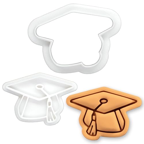 BAKERLOGY Graduation Hat Mini Cookie Cutter and Stamp Set – Cap Fondant Embosser, Graduation Party Cupcake Topper Mold for School, College & University Celebration Baking