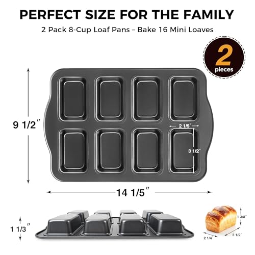 2 Pack Mini Loaf Baking Pans 8-Cavity, Nonstick Small Cornbread Pan, Tiny Banana Bread Pan Set, Heavy Duty Brownie TIn, Dark Grey - size: 2 Mini Loaf Pans