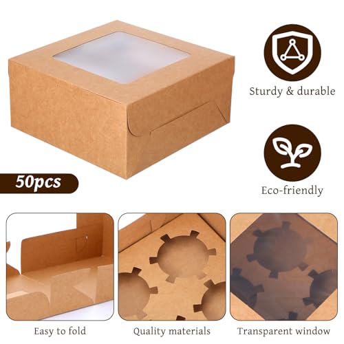 50 PCS Window Cupcake Boxes 4 Count, 6.3x6.3x3 Inch Muffin Boxes with Clear PET Lid & Paperboard, Disposable Bakery Containers for Pastries Cookies Desserts