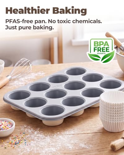 Bake Choice Muffin Pan for Baking, Standard Cupcake Pan, Cream Gray