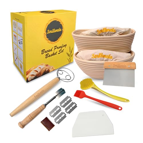 Set of 2 Banneton Bread Proofing Basket with linen Liner, 9" Round & 10" Oval bread basket with 9 Essential Bread Making Tools – Rattan Sourdough Banneton Basket Kit for Baking Enthusiasts