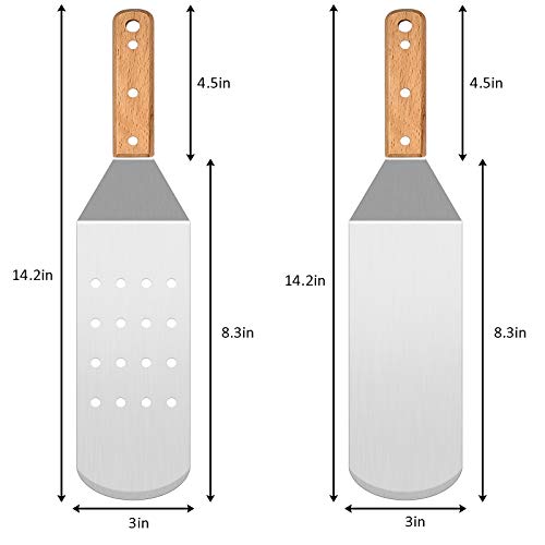 Metal Spatula Set, HaSteeL Stainless Steel Griddle Spatula Tools Kit with Wooden Handle, Heavy Duty Long Pancake Flipper Burger Turner for BBQ Teppanyaki Flat Top Grilling Cooking Outdoor & Indoor - color: Wooden Handle