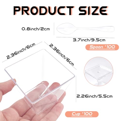 Jnnzzggu 100Pcs 3.5 oz Mini Dessert Cup with Spoons,Square Plastic Dessert Cups,Clear Parfait Appetizer Cup for Ice Cream,Birthday,Parties,Jellies,Nuts,DIY,Wedding - size: 100pcs 3.5oz