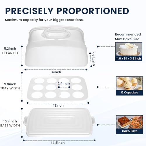 VGOODALL Cake Carrier, 12 Capacity Large Cupcake Holder, 3-in-1 Rectangular Cake Containers for Pies Muffin Candies Fruits Snacks, Dessert Storage Box for Parties, Picnics, Baking(14.8×10.9×3.1) - color: White