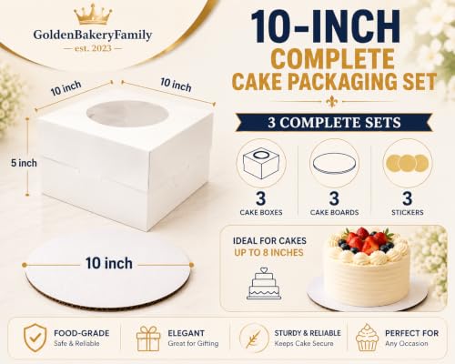 3 Set Cake Boxes with Cake Boards,10x10x5 Inches Bakery Boxes with Windows - color: White（10 Inch 3 Pack）