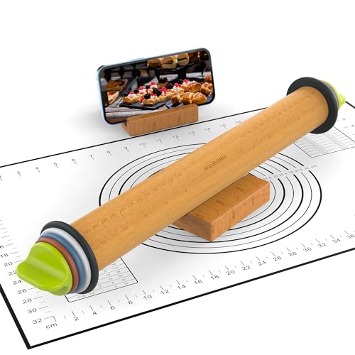 Rolling Pin with 4 Thickness Rings,Wood Stand &Pastry Mat For Baking Dough - color: Rolling Pin+Mat+Stand