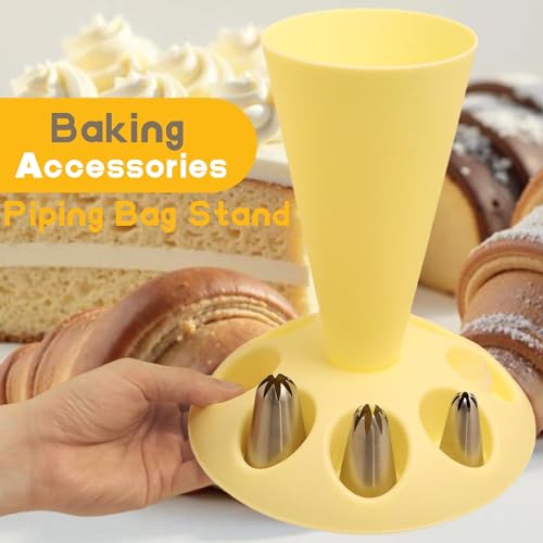 2 Pack Piping Bag Holder – Piping Bag Holder Stand for Filling, Icing Bag Holder, Pastry Bag Holder Stand with 8 Nozzle Slots, Includes 100 Pcs 13 in Piping Bags, 6 Icing Nozzles & 5 Couplers - color: Yellow and Brown