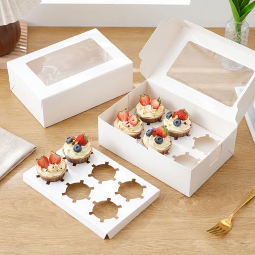 10 Pack Cupcake Boxes 6 Count, White Bakery Containers with Window and Inserts, Food Grade Cardboard Pastry Dessert Box for Muffins, Cookies, and Bake Sales (9.4"x6.3"x3")