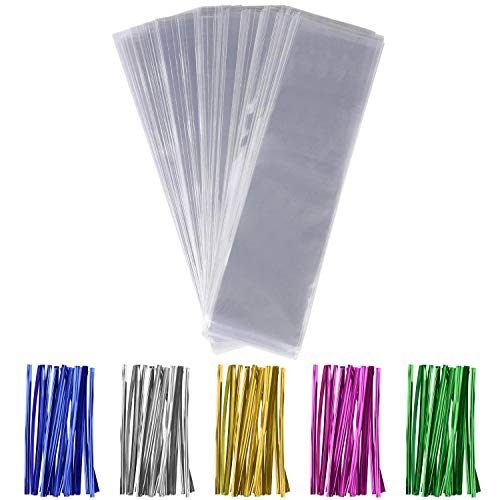 Tecbeauty 300 Cellophane Bags 2.4 x 10 Treats Bag Clear Pretzel Rod Bags, Twist Ties 300 - color: 2x10 Inch