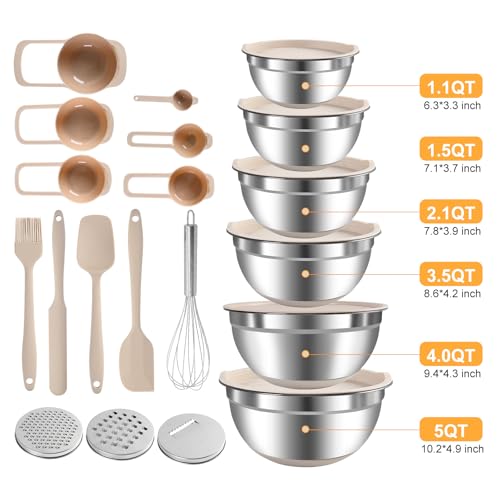 Mixing Bowls with Airtight Lids Set, Non-Slip Silicone Bottoms, Khaki - color: Khaki