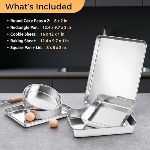 E-far Stainless Steel Baking Pan Set, 6-Piece Metal Bakeware Sets Include Cookie Sheet, Round Square Rectangle Cake Pans, Non-toxic & Dishwasher Safe - size: 6-Piece Set