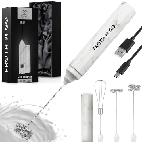 Zulay Froth N Go Milk Frother – Rechargeable 3-in-1 Handheld Frother Wand with Travel Case & USB-C Charger – Single, Double & Egg Whisk for Latte, Cappuccino, Matcha, Protein Shakes - Frosted Marble - color: Frosted Marble, size: Rechargeable Frother
