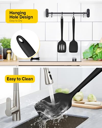 BUNDLEPRO Silicone Spatula, Solid & Slotted Turner, One-Piece, 2 Pack,Black - color: Black