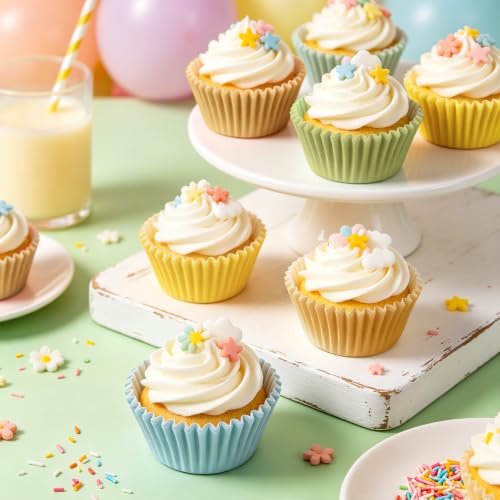 FYSUIMU 400 Pcs Blue Yellow Cupcake Liners Bear Inspired Paper Baking Cups Blue Yellow Sage Green Muffin Liner Cake Storage Container for Baby Shower Birthday Party Supplies - color: Blue Yellow Green