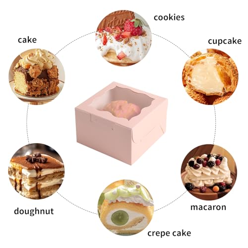 25pcs Pink Small cookie boxes,4x4x2.5 Inch Bakery Boxes with Window,gift boxes bulk for Mini Cake Pastry Dessert Strawberries Chocolates Cupcakes with Stickers - color: Pink/25pcs