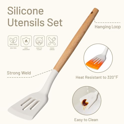CAROTE 22-Piece Cooking Utensils Set with Wood Cool-Touch Handles, Cream - size: 22 PCS