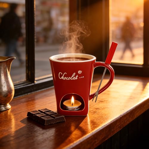 Chocolate Fondue Mug with Fork Sweet Ceramic Personal Chocolate Melting Cup Chocolate Fondue Mug Ideal Gifts for Birthday Date Night Birthday Wedding Gifts (Red) - color: Red