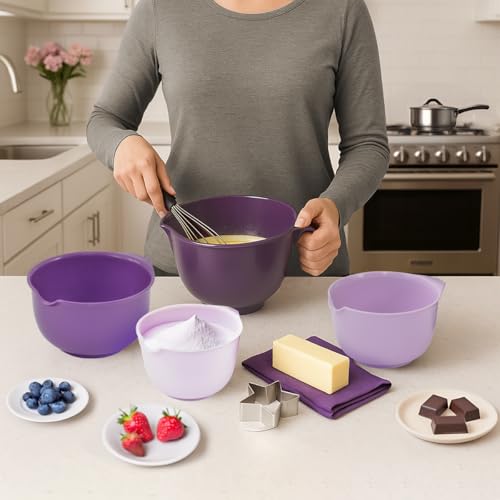Glad Mixing Bowls with Pour Spout, Set of 4 - Nesting Plastic Bowls (1.2qt, 1.9qt, 2.8qt, and 3qt with Handle) - Non Slip Base, Dishwasher Safe Kitchen Cooking and Baking Supplies, Purple - color: 4pc Purple, size: 4 count