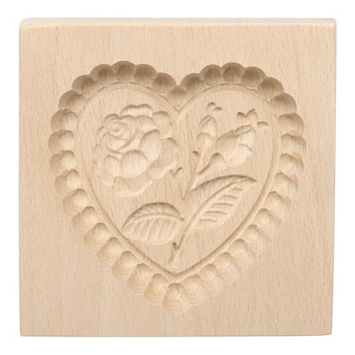 HARFINGTON Wooden Cookie Mould 3.94" x 3.94" - Heart Flower Rose Carved Baking Tool - Biscuit Press Stamp - style: Heart Flower Rose