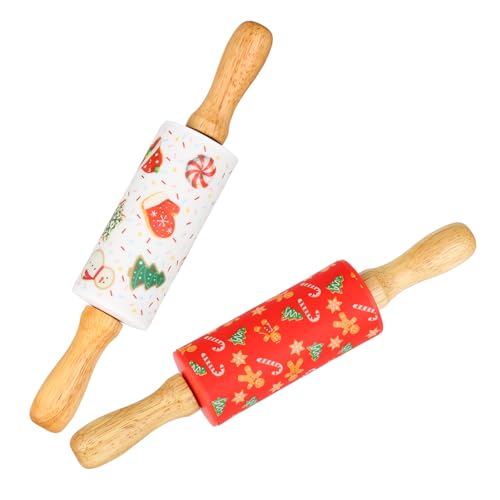 Mini Silicone Rolling Pin for Kids, Non-stick Surface Wood Handle, 9 Inch 2 Pack - color: Red-White Christmas, size: 2 PACK