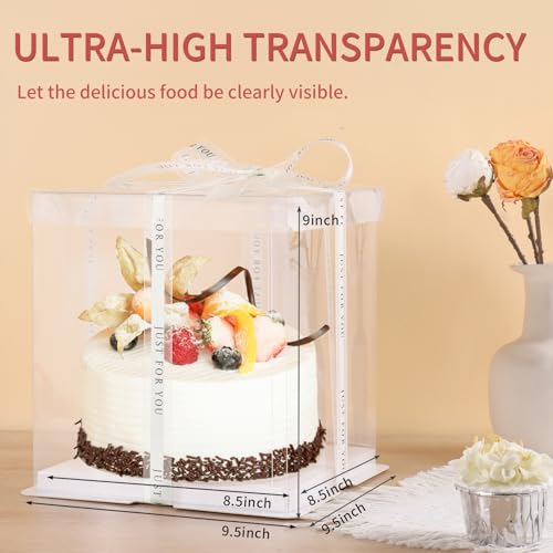 JCD 10inch Large Transparent Cake Box,6 Pcs Clear Cake Boxes with Ribbon,10x10x9inch,Suitable for 8" or 9" cakes, Tall Cake Carrier for Display and Gift Packaging(Clear Lid, 10 * 10 * 9inch/6Pcs) - size: Clear lid 10inch/6Pcs