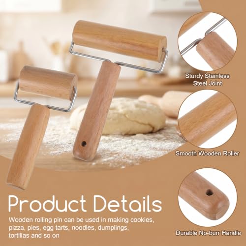 2Pcs Small Dough Roller with Handle, Wooden T-Shape Non-Stick Rolling Pin