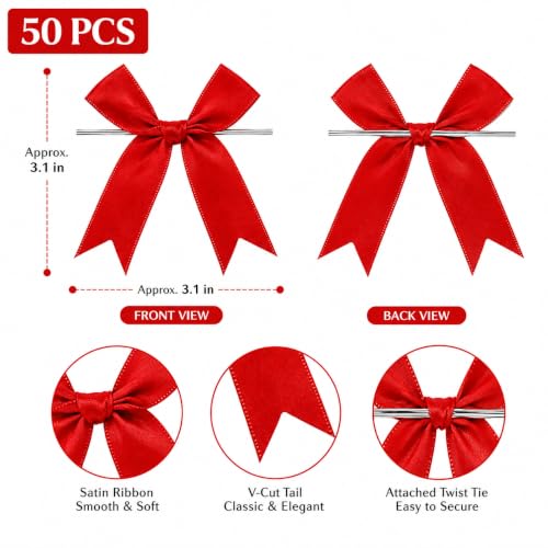 50 Pcs Twist Tie Bows for Treat Bags and Gift Wrapping, Red - color: Red