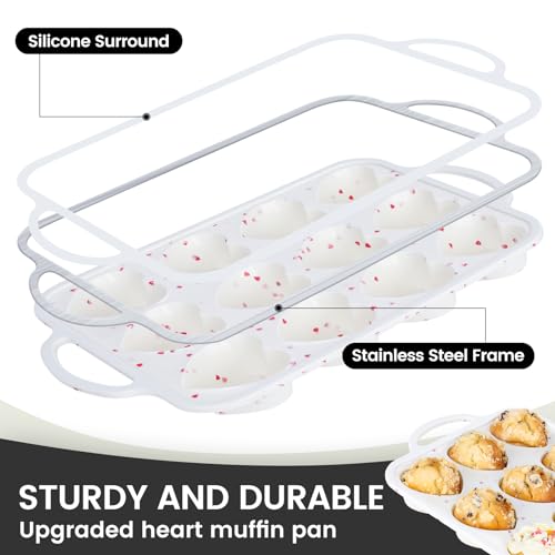 Vinino Silicone Heart Shaped Muffin Pan with Metal Reinforced Frame, 2 Pack Cupcake Pan, Silicone Heart Mold for Baking, Chocolate Bar and Egg Bites, Dishwasher Safe - size: Heart