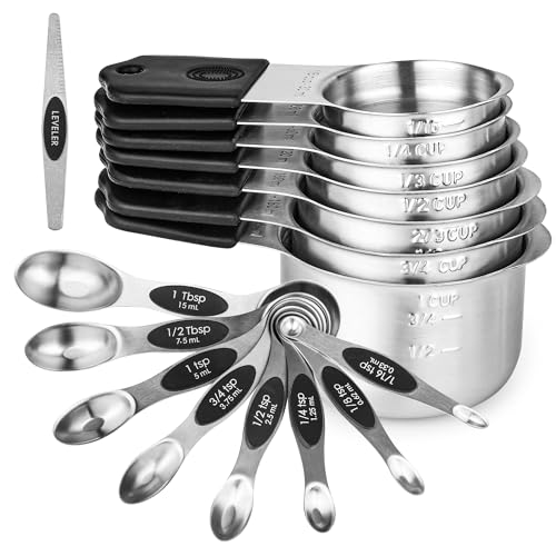 Magnetic Measuring Cups and Spoons Set 16, Metric & US Stainless Steel Measuring Cups and Spoons Set for Dry & Liquid, Metal Measure Cups & Spoons & Leveler for Kitchen&Baking, Black