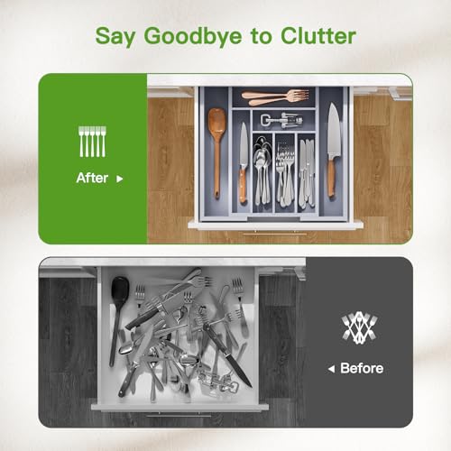 Pipishell Bamboo Expandable Silverware Drawer Organizer, Gray, Medium - color: Grey, size: Medium