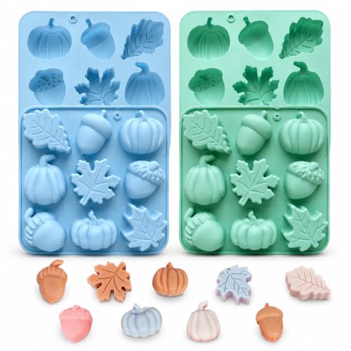 4 Pcs Autumn Silicone Molds Pumpkin Acorn Maple Leaf Fondant Baking Tray - color: blue green