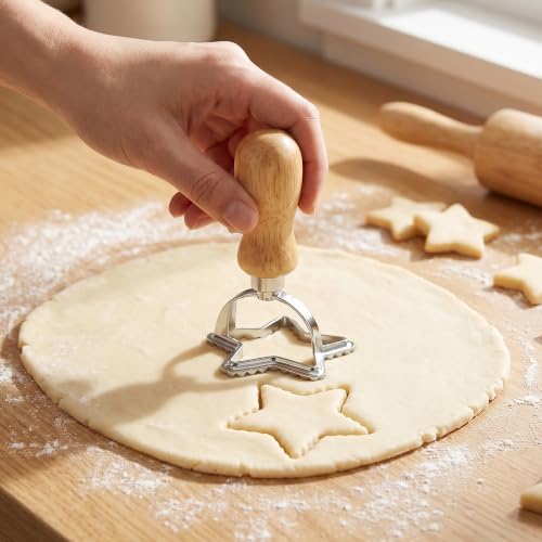 Star Cookie Stamp Cutter, Wood Handle Fluted Edge Ravioli Press - color: Star Shaped